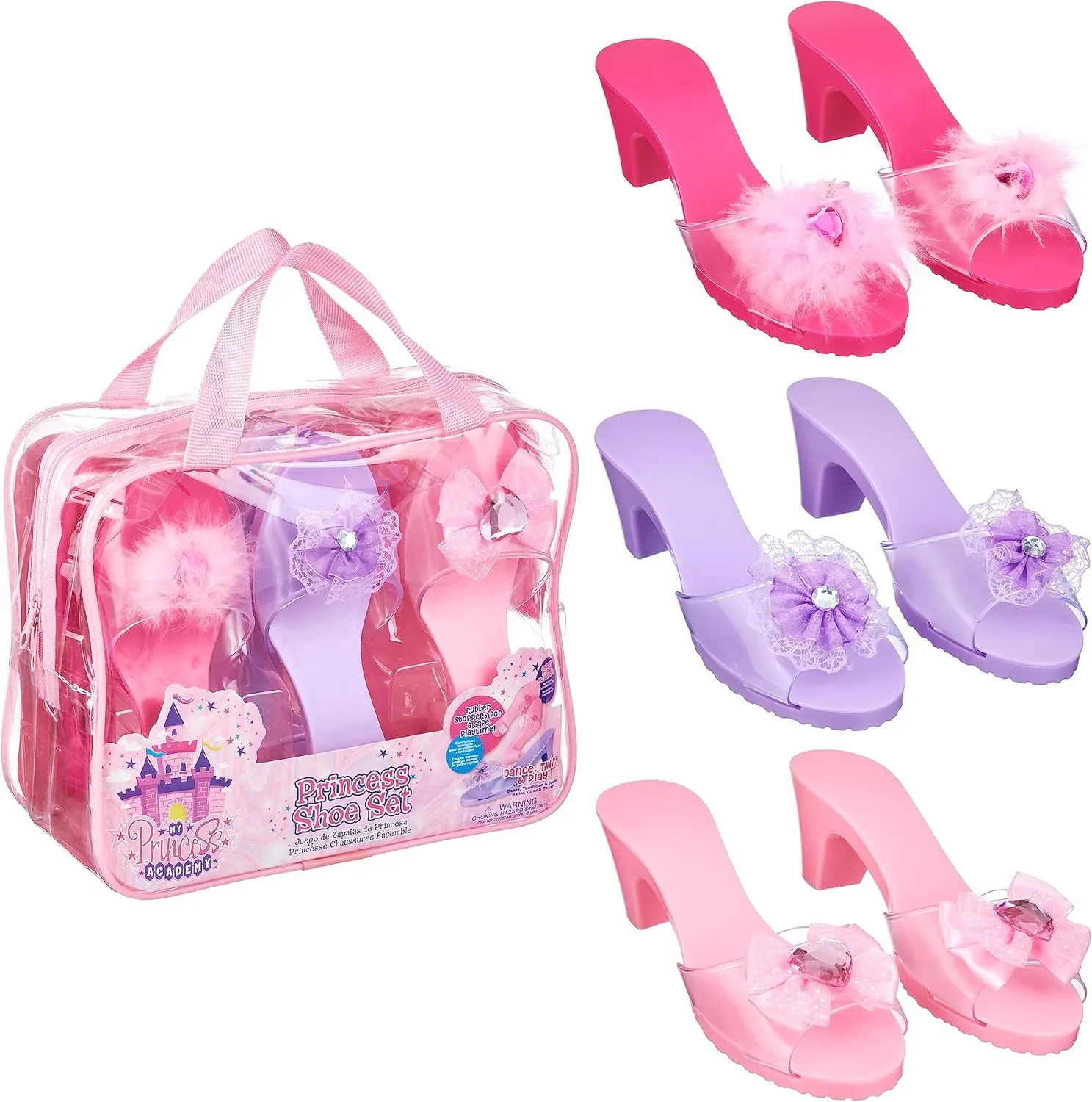 3-Pack Princess Shoe Set - Dress Up Royalty Kids Heels Slip On Shoes - Pastel Colored Princess Dress Up Shoes, Pretend Play High Heels for Kids - Fits Toddler Size 7-10