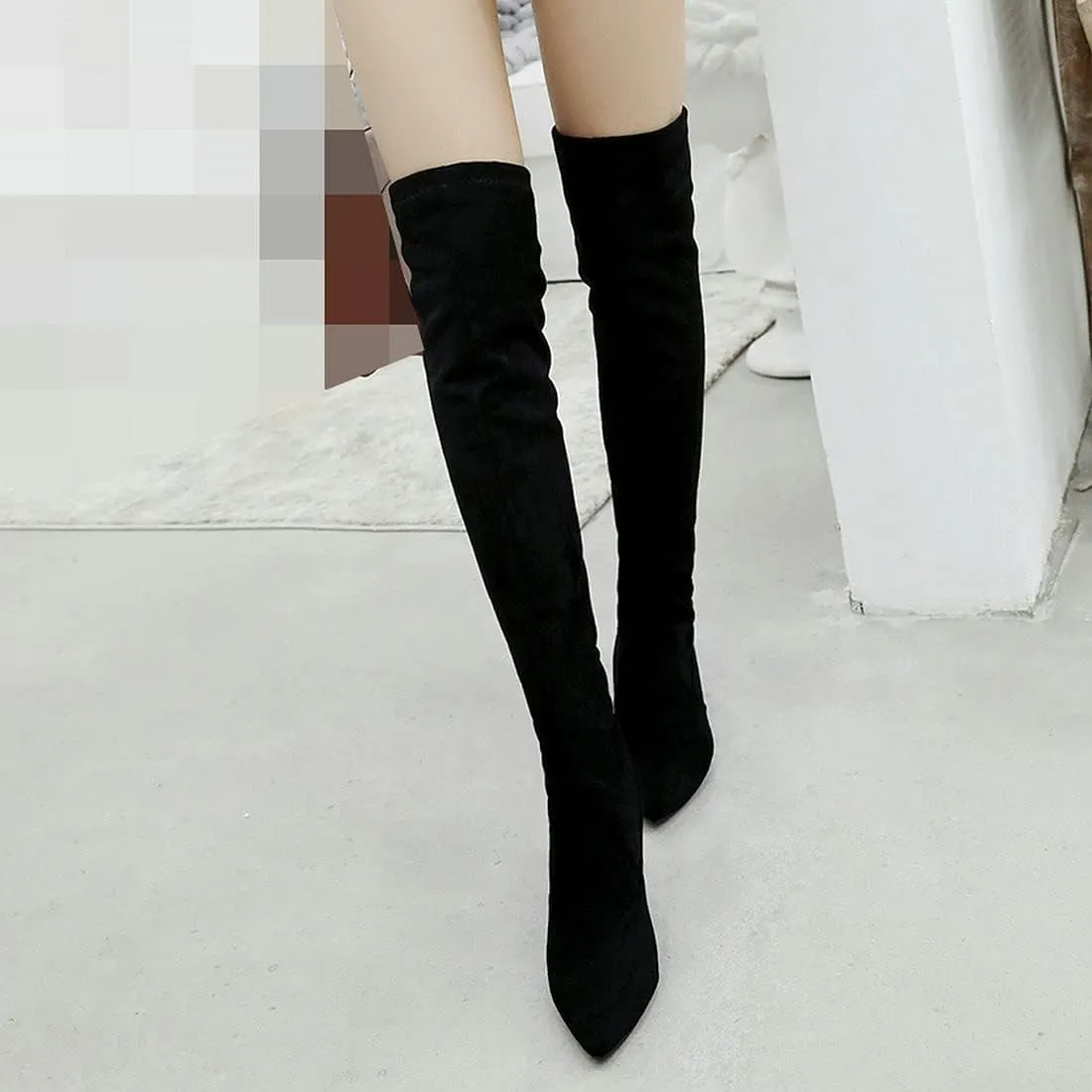 Agodor Women's Kitten Heel Thigh High Boots Pointed Toe Suede Over The Knee Boots