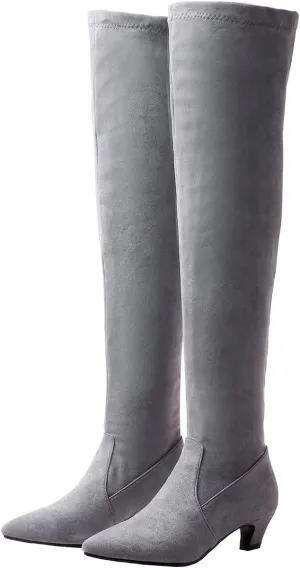 Agodor Women's Kitten Heel Thigh High Boots Pointed Toe Suede Over The Knee Boots