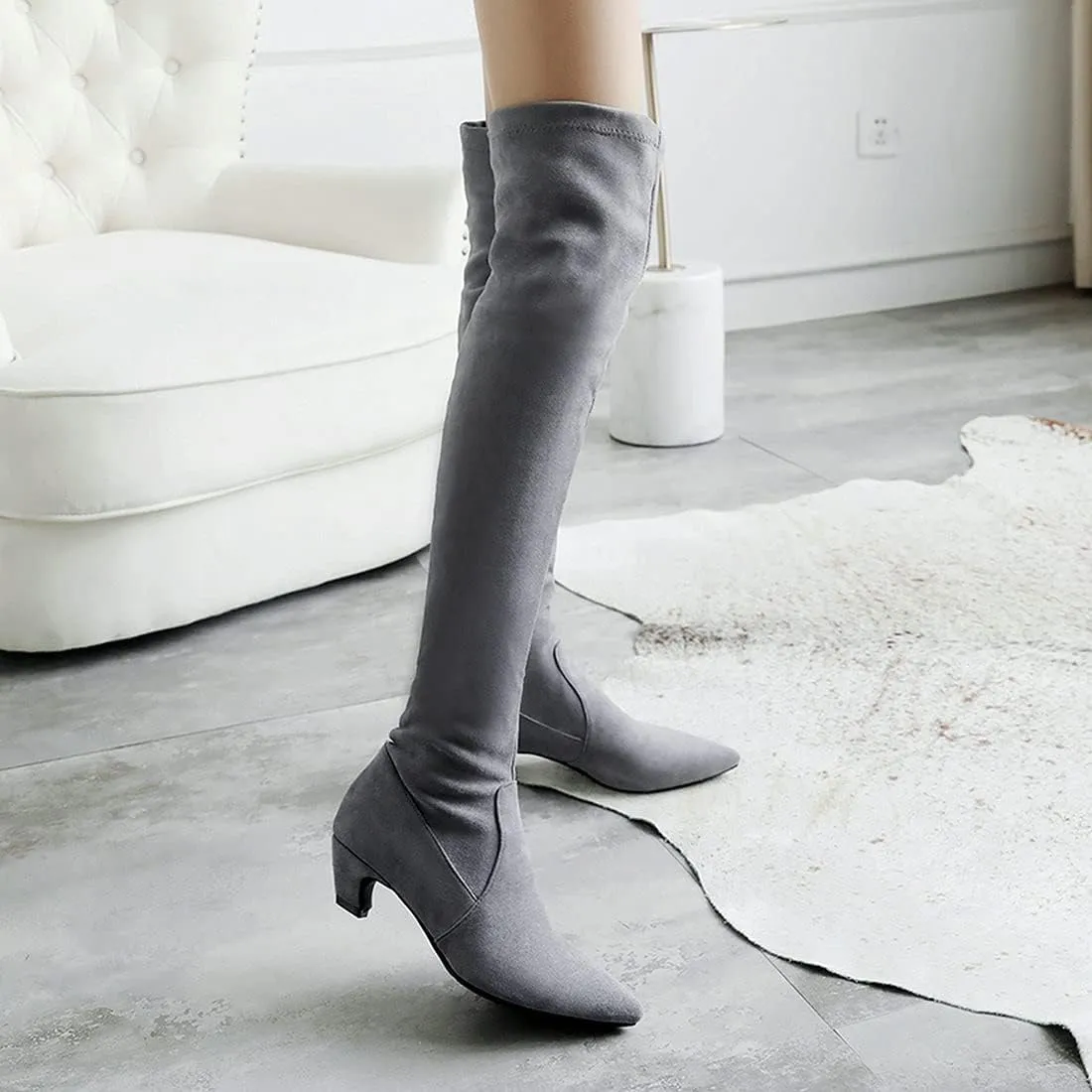 Agodor Women's Kitten Heel Thigh High Boots Pointed Toe Suede Over The Knee Boots