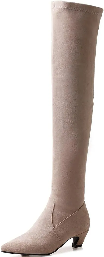Agodor Women's Kitten Heel Thigh High Boots Pointed Toe Suede Over The Knee Boots
