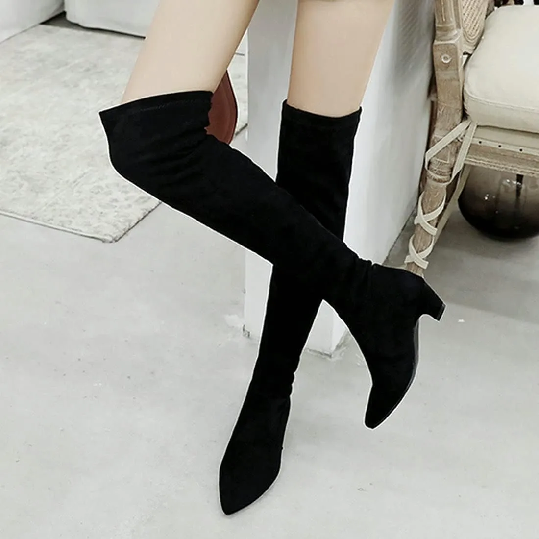 Agodor Women's Kitten Heel Thigh High Boots Pointed Toe Suede Over The Knee Boots