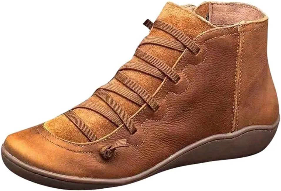 Ankle Boots for Women No Heel,2019 New Arch Support Booties Side Zip-up Vintage Leather Damping Shoes Flat Heel Booties
