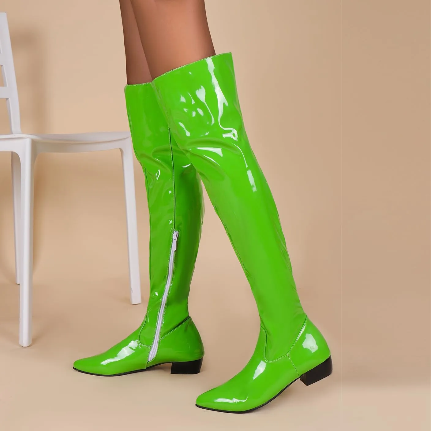 BEAUPAS Women's Patent Leather Flat Over The Knee Boots Pointed Toe Thigh High Boots Zip Up Shoes