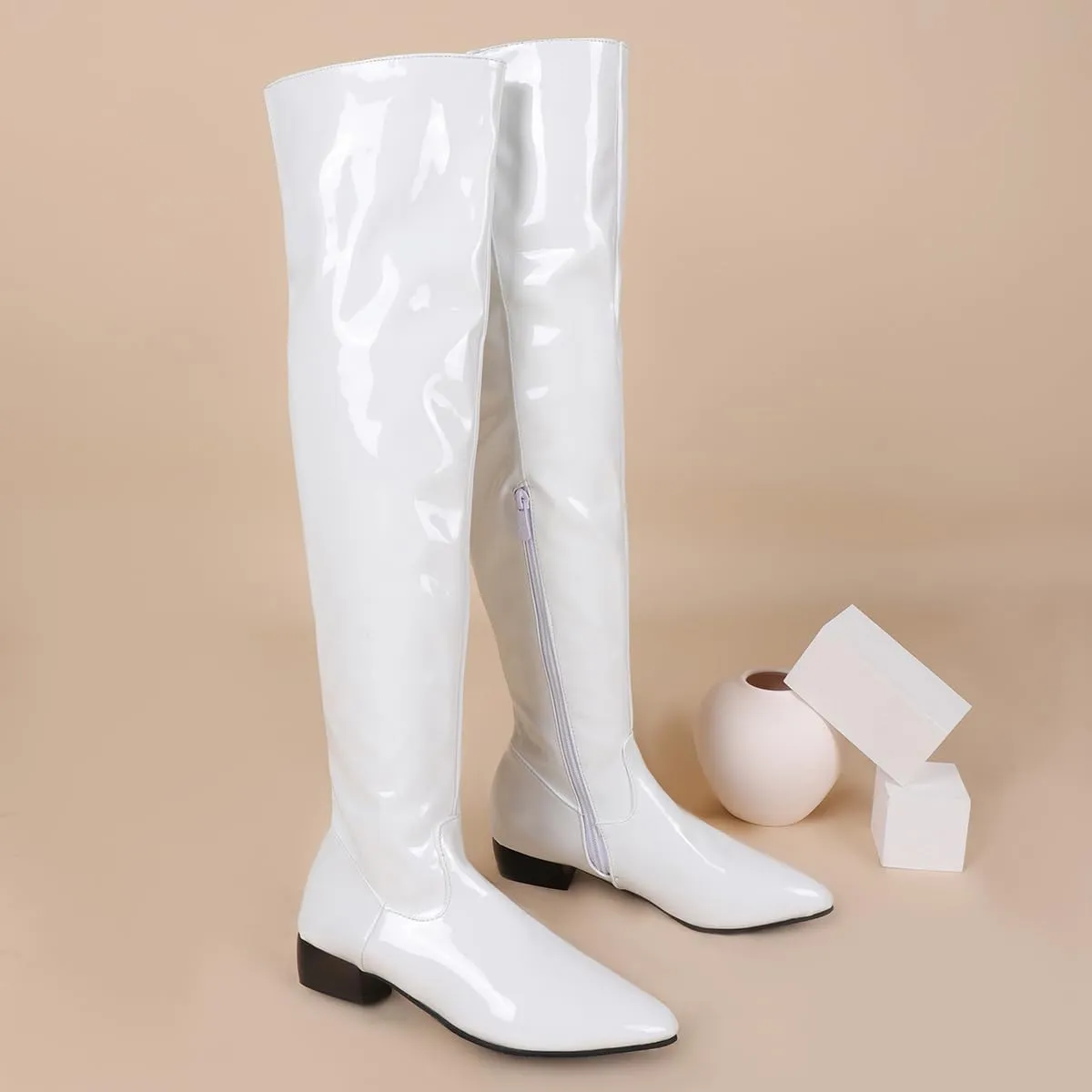 BEAUPAS Women's Patent Leather Flat Over The Knee Boots Pointed Toe Thigh High Boots Zip Up Shoes