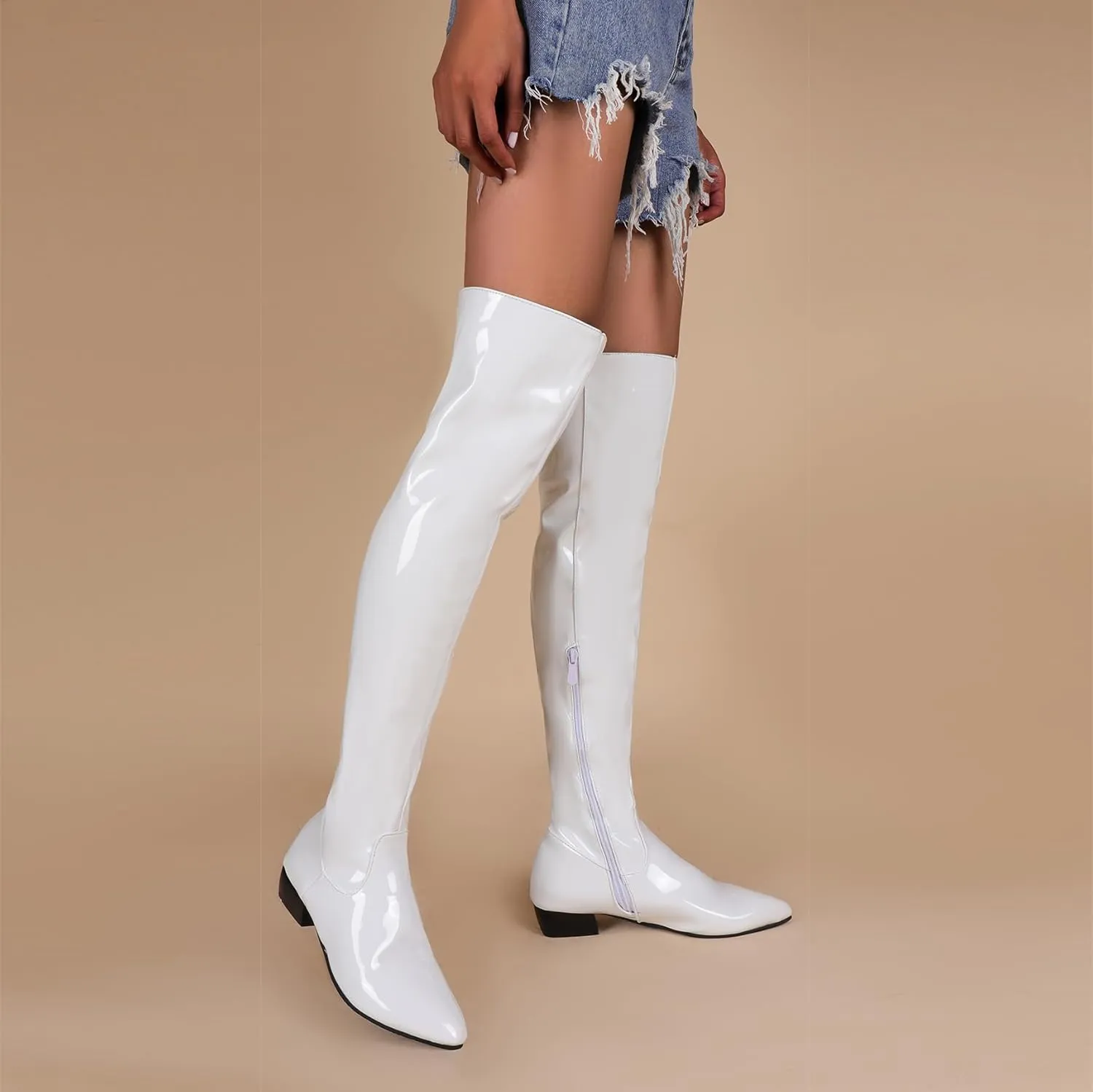 BEAUPAS Women's Patent Leather Flat Over The Knee Boots Pointed Toe Thigh High Boots Zip Up Shoes