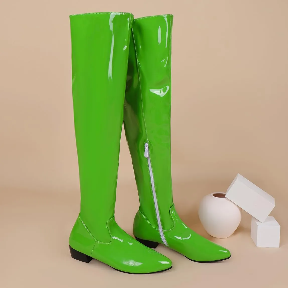 BEAUPAS Women's Patent Leather Flat Over The Knee Boots Pointed Toe Thigh High Boots Zip Up Shoes