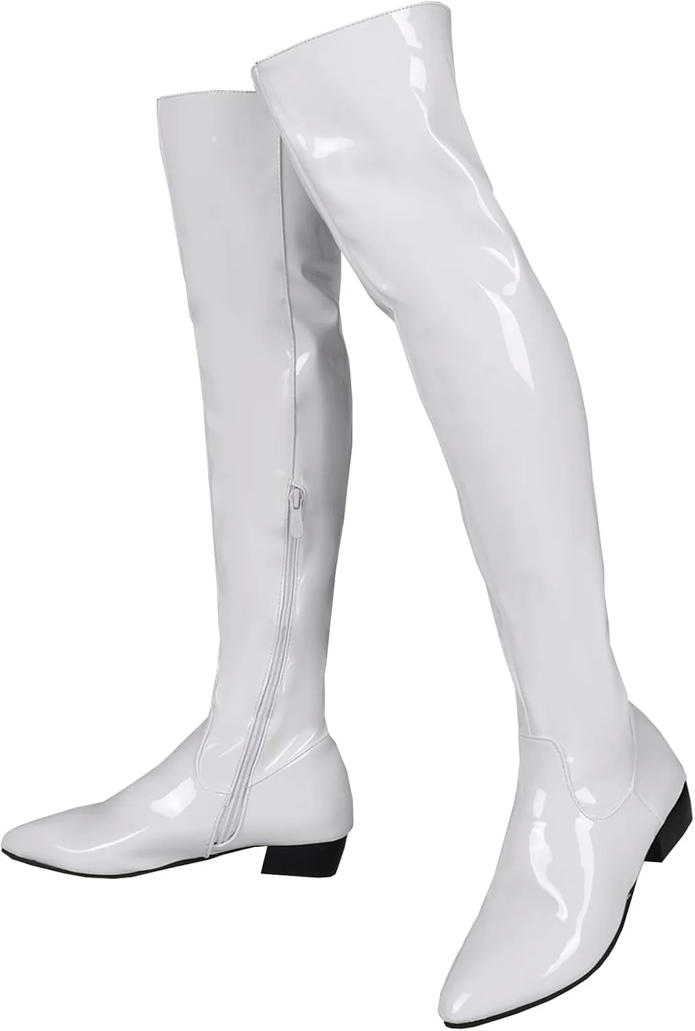 BEAUPAS Women's Patent Leather Flat Over The Knee Boots Pointed Toe Thigh High Boots Zip Up Shoes