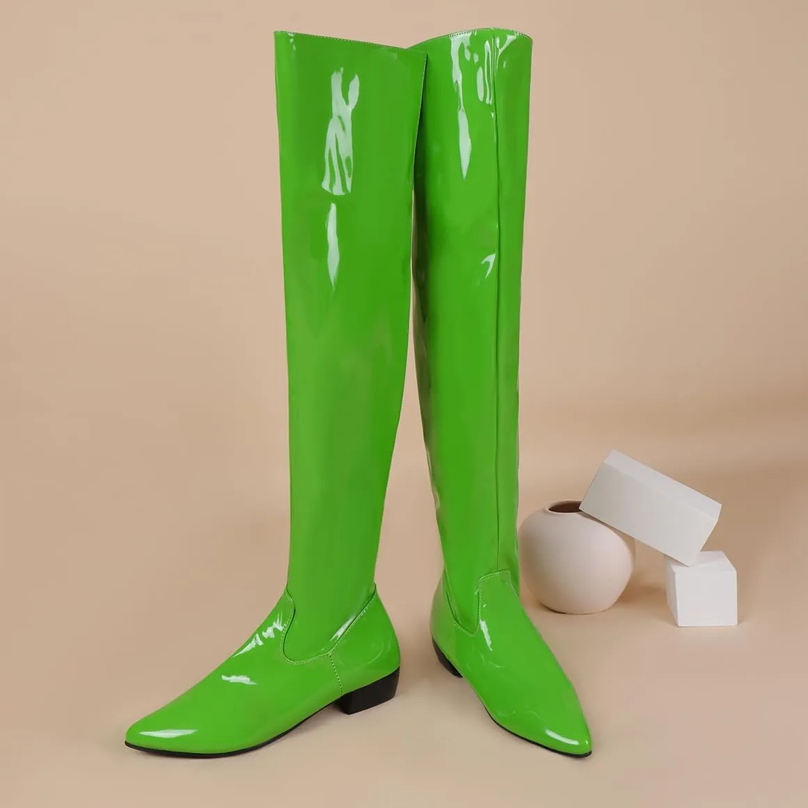 BEAUPAS Women's Patent Leather Flat Over The Knee Boots Pointed Toe Thigh High Boots Zip Up Shoes