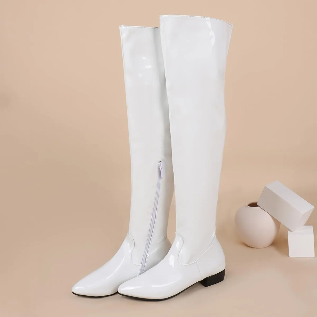 BEAUPAS Women's Patent Leather Flat Over The Knee Boots Pointed Toe Thigh High Boots Zip Up Shoes
