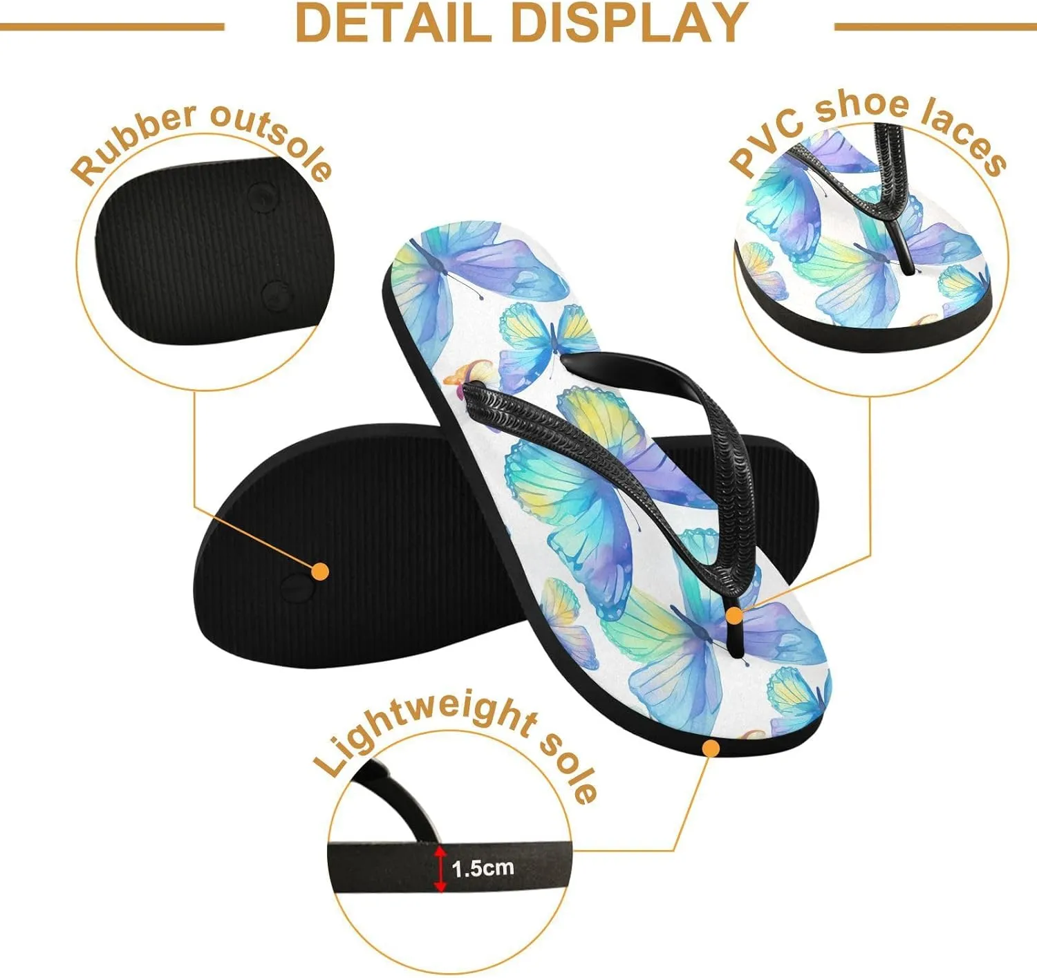 Butterfly Colorful Womens Flip Flops Sandals Rubber Shower Shoes