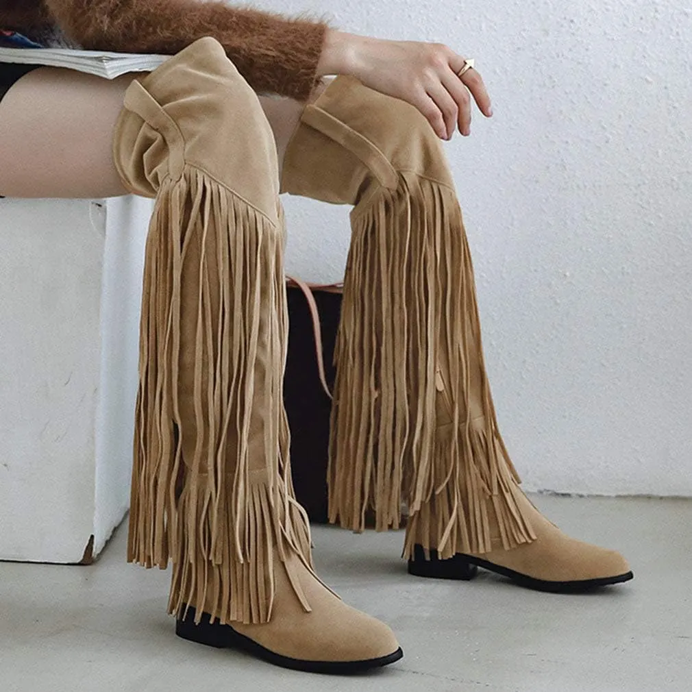 Caradise Womens Faux Suede 2 Layer Fringe Thigh High Low Heel Over The Knee Boots