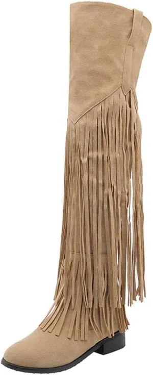 Caradise Womens Faux Suede 2 Layer Fringe Thigh High Low Heel Over The Knee Boots