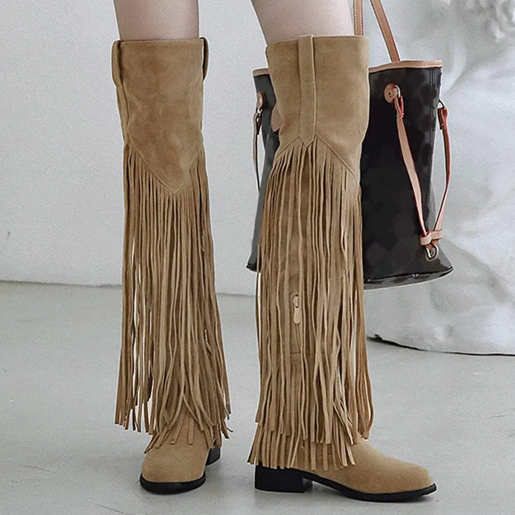 Caradise Womens Faux Suede 2 Layer Fringe Thigh High Low Heel Over The Knee Boots