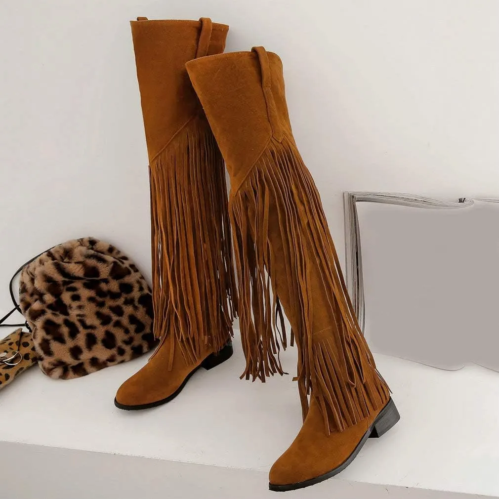 Caradise Womens Faux Suede 2 Layer Fringe Thigh High Low Heel Over The Knee Boots