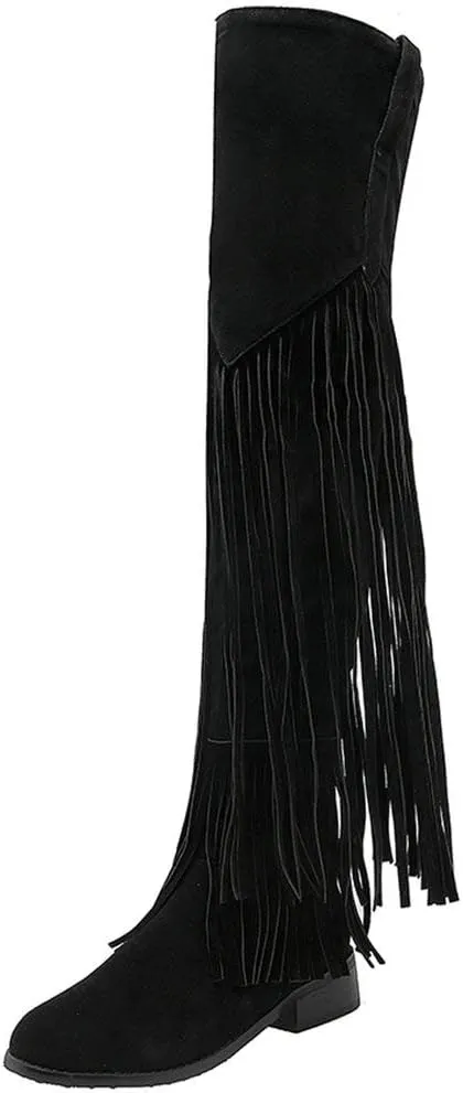 Caradise Womens Faux Suede 2 Layer Fringe Thigh High Low Heel Over The Knee Boots