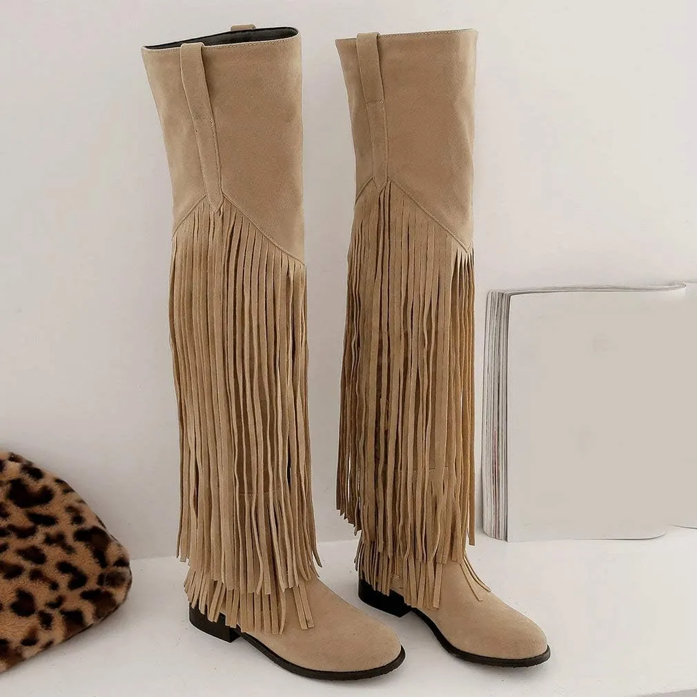 Caradise Womens Faux Suede 2 Layer Fringe Thigh High Low Heel Over The Knee Boots