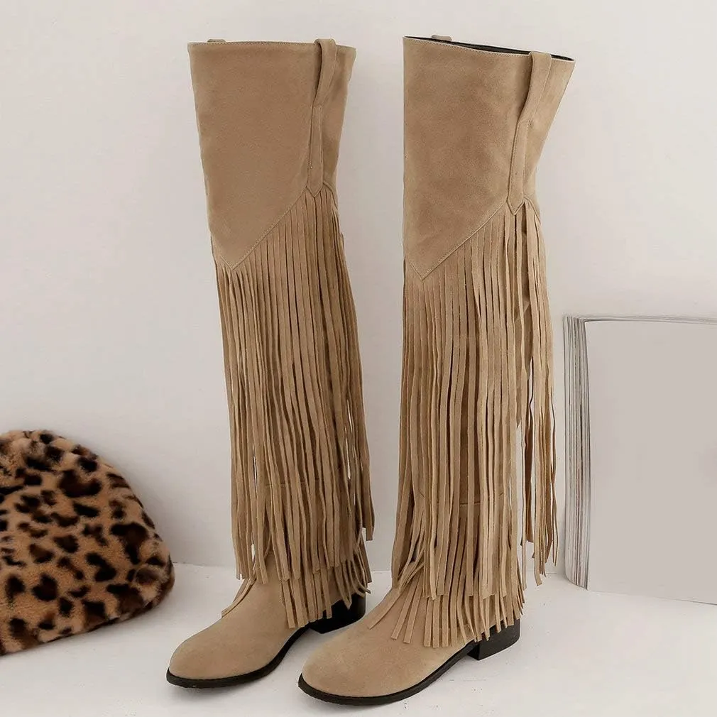 Caradise Womens Faux Suede 2 Layer Fringe Thigh High Low Heel Over The Knee Boots