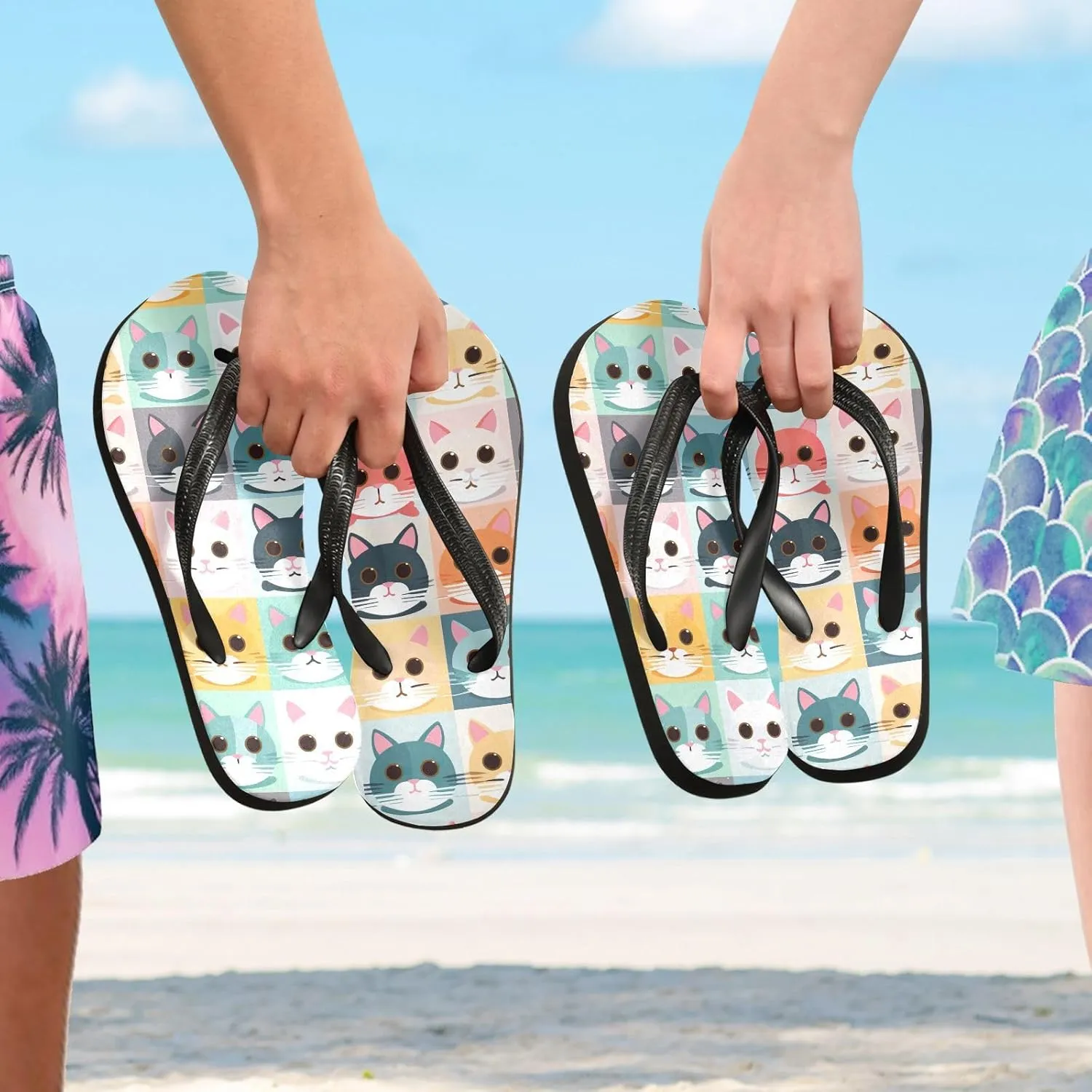 Colorful Cat Faces Womens Flip Flops Sandals Beach Sandals