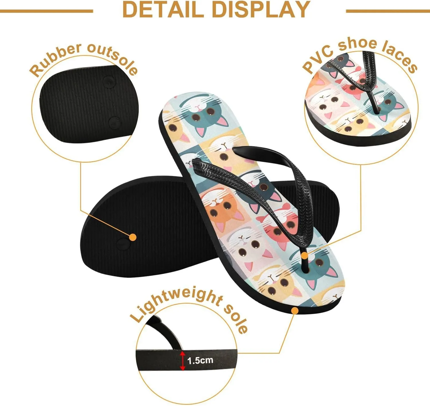Colorful Cat Faces Womens Flip Flops Sandals Beach Sandals