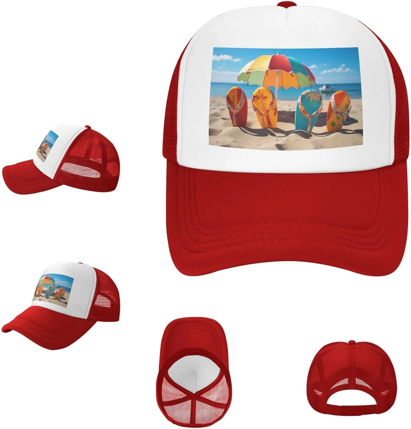 Colorful Flip Flops Beach Ball Trucker Hat for Men and Women Adjustable Baseball Cap Breathable Mesh Snapback Hat