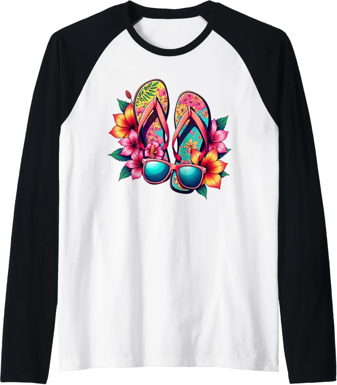 Colorful Flip-Flops Flowers Sunglasses Summer Women Apparel Raglan Baseball Tee