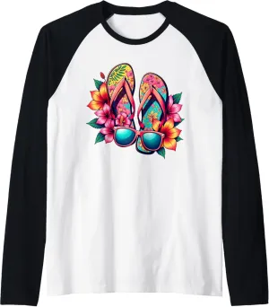 Colorful Flip-Flops Flowers Sunglasses Summer Women Apparel Raglan Baseball Tee