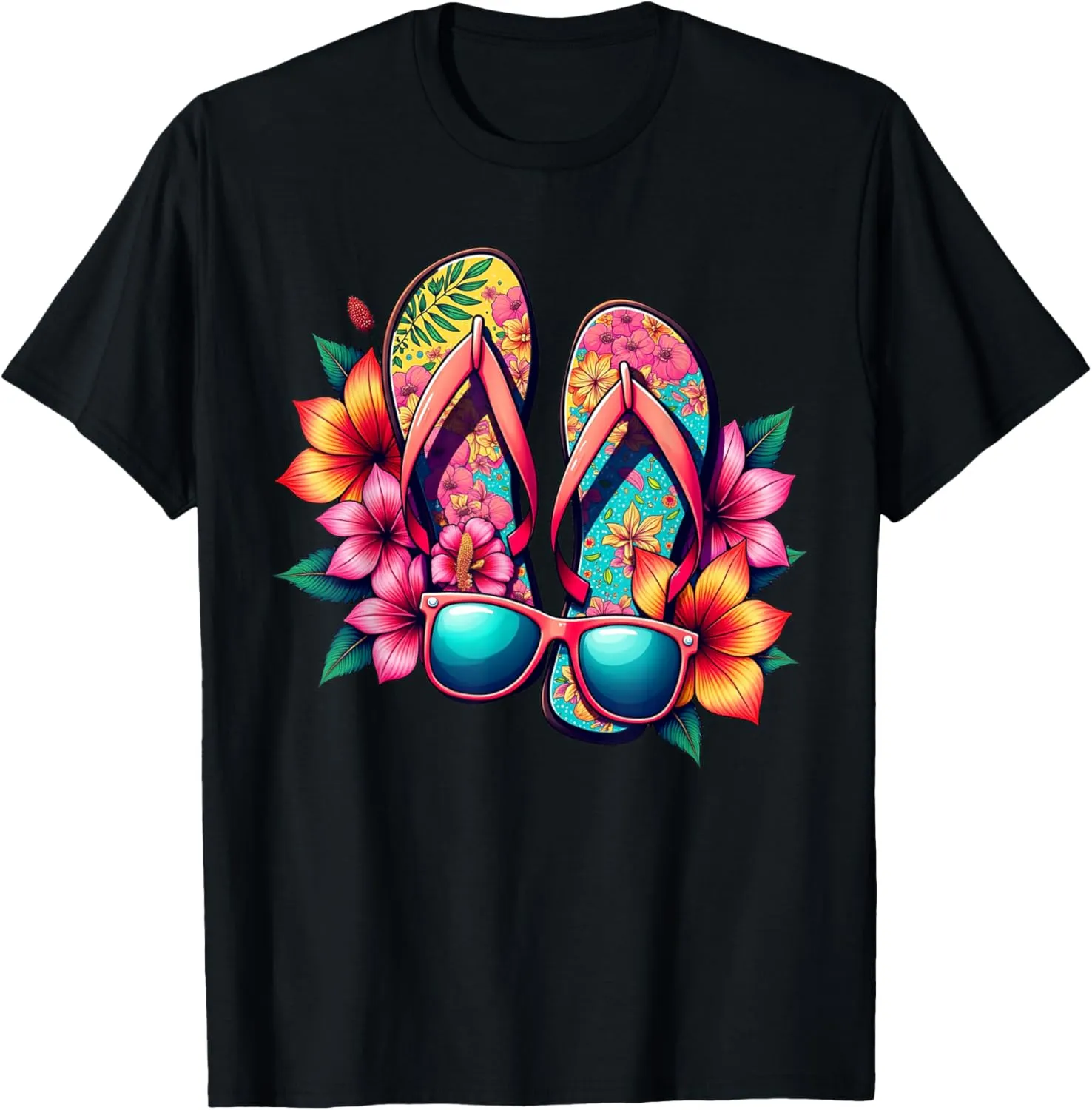 Colorful Flip-Flops Flowers Sunglasses Summer Women Apparel T-Shirt