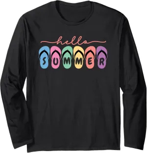 Colorful Hello Summer Flip Flop Graphic Long Sleeve T-Shirt