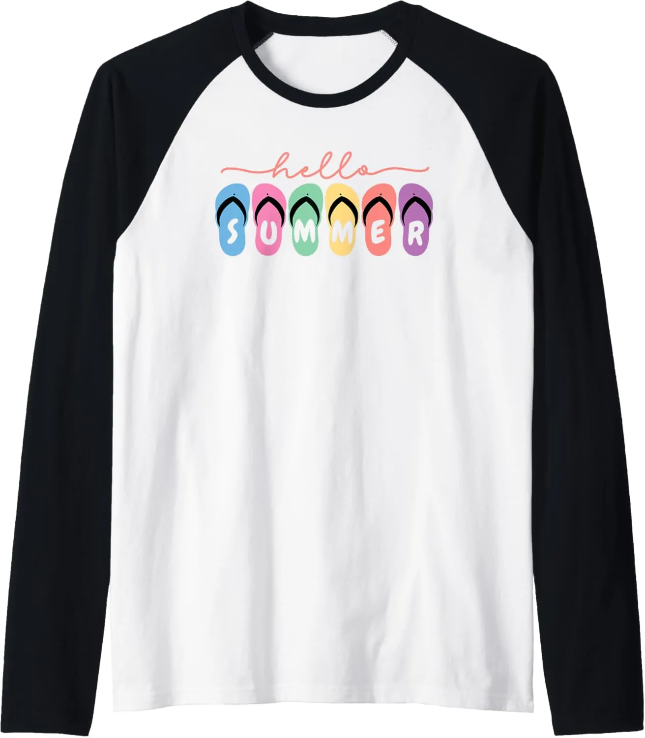 Colorful Hello Summer Flip Flop Graphic Raglan Baseball Tee