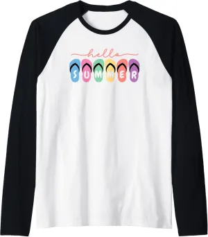 Colorful Hello Summer Flip Flop Graphic Raglan Baseball Tee