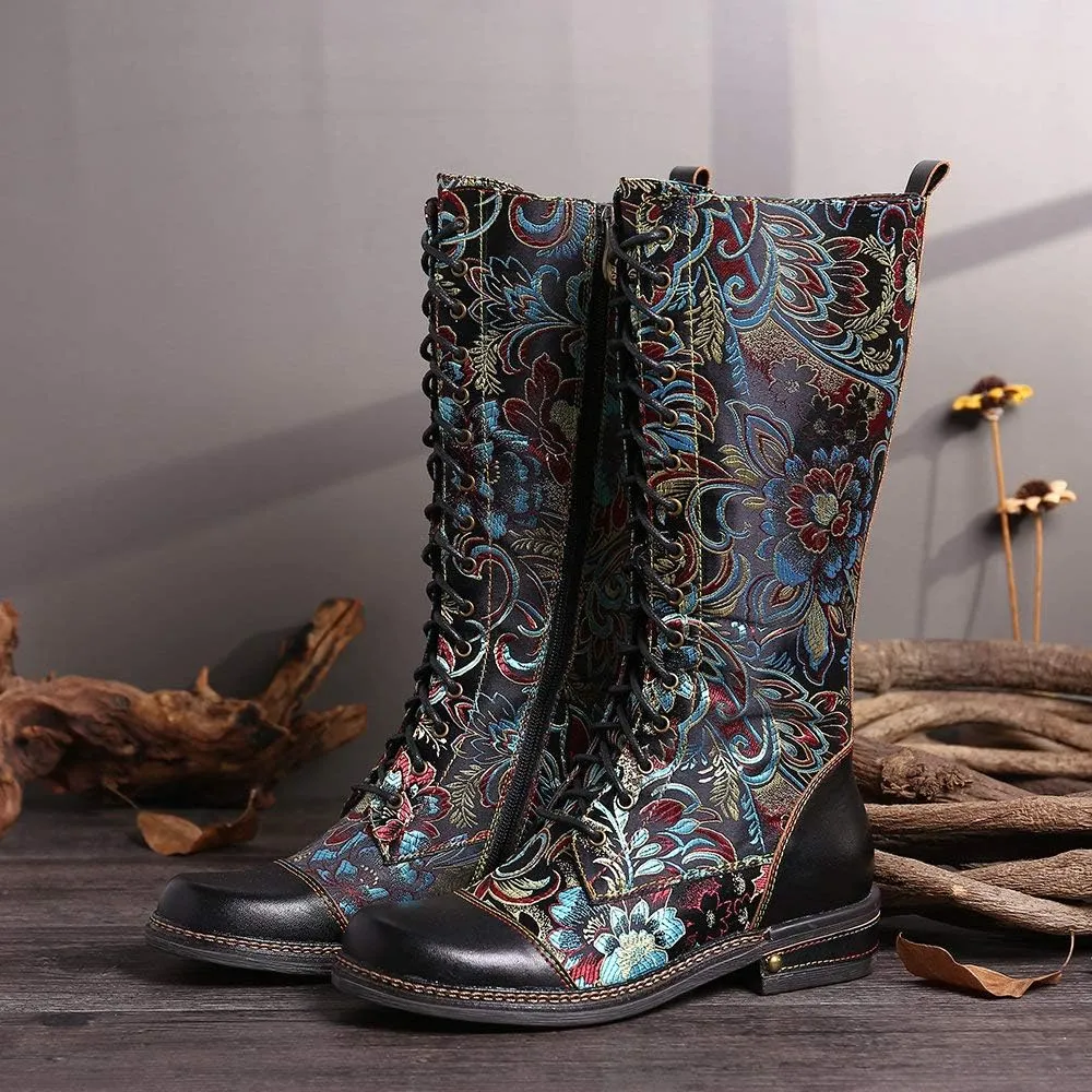 CrazycatZ Womens Leather Bohemian Knee High Boots Lace Up Patterned Long Boots