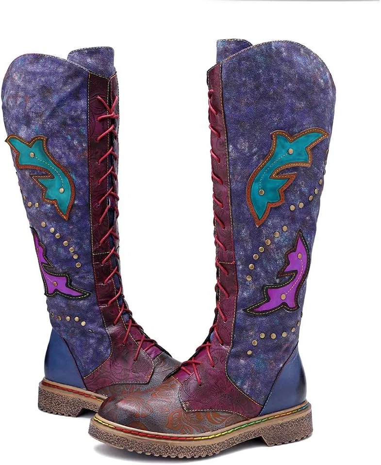 CrazycatZ Womens Leather Bohemian Knee High Boots Lace Up Patterned Long Boots