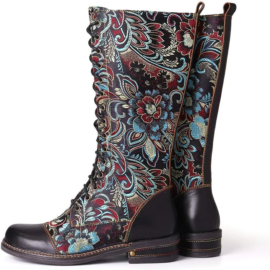 CrazycatZ Womens Leather Bohemian Knee High Boots Lace Up Patterned Long Boots