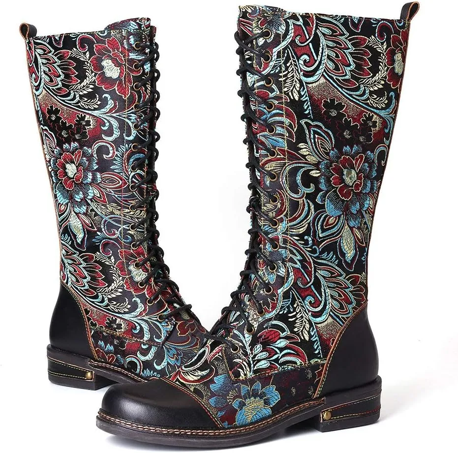 CrazycatZ Womens Leather Bohemian Knee High Boots Lace Up Patterned Long Boots