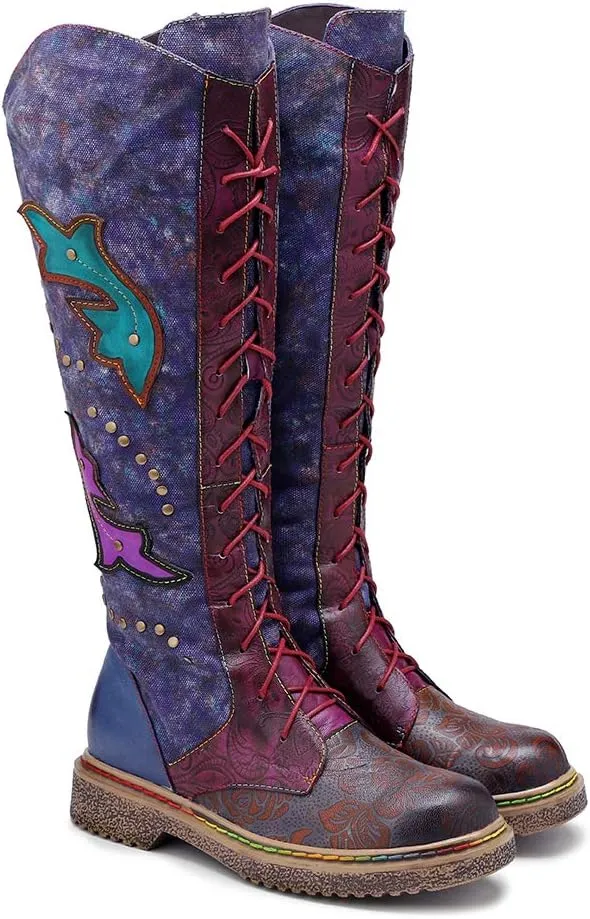 CrazycatZ Womens Leather Bohemian Knee High Boots Lace Up Patterned Long Boots