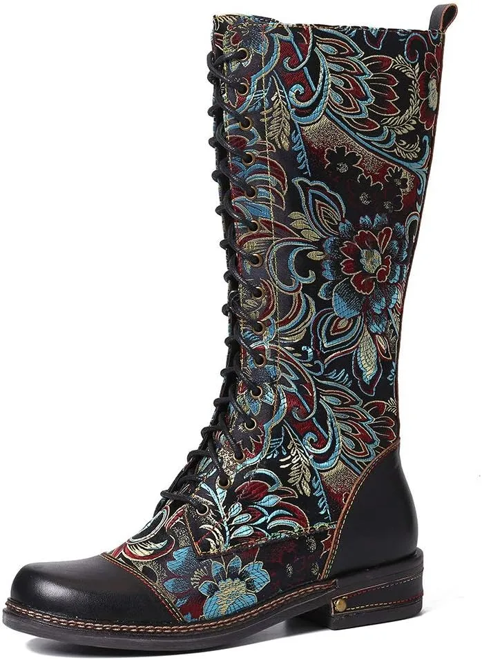 CrazycatZ Womens Leather Bohemian Knee High Boots Lace Up Patterned Long Boots