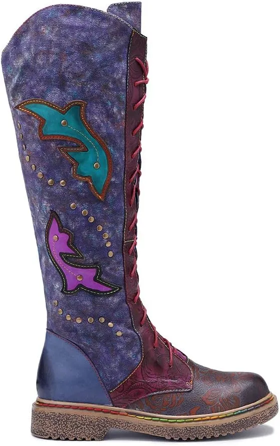 CrazycatZ Womens Leather Bohemian Knee High Boots Lace Up Patterned Long Boots