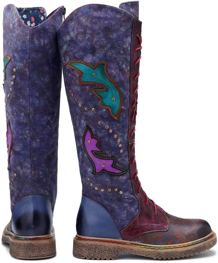 CrazycatZ Womens Leather Bohemian Knee High Boots Lace Up Patterned Long Boots