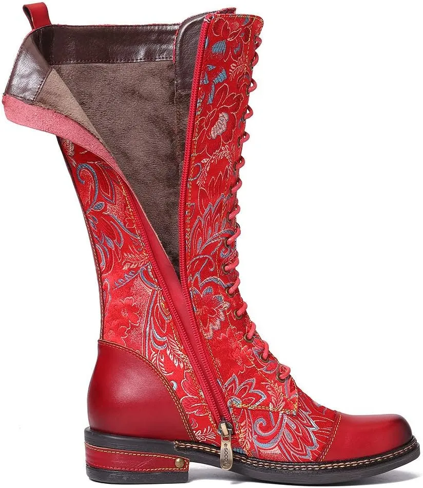 CrazycatZ Womens Leather Bohemian Knee High Boots Lace Up Patterned Long Boots