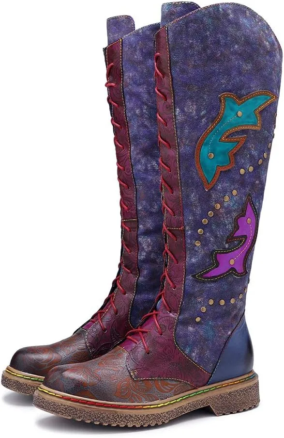 CrazycatZ Womens Leather Bohemian Knee High Boots Lace Up Patterned Long Boots