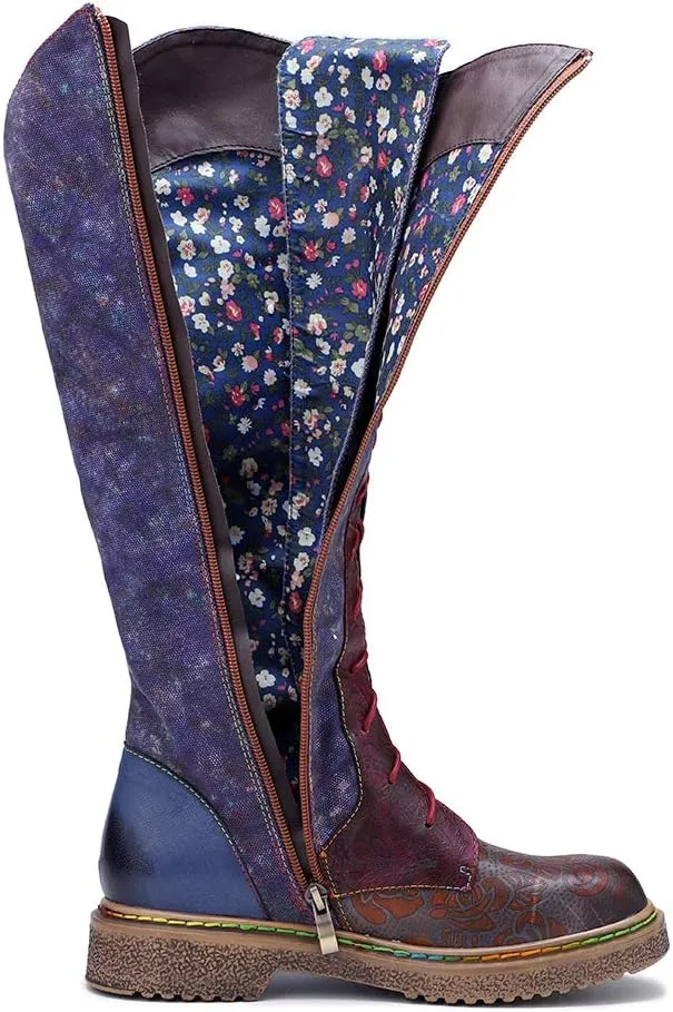 CrazycatZ Womens Leather Bohemian Knee High Boots Lace Up Patterned Long Boots