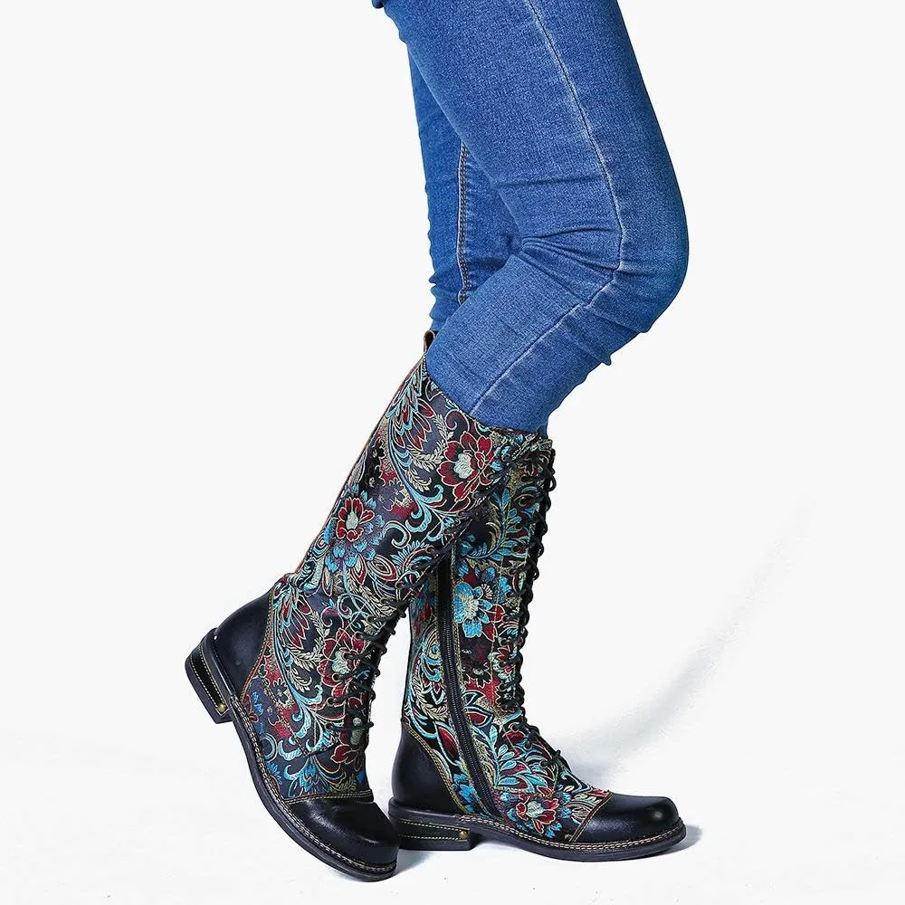 CrazycatZ Womens Leather Bohemian Knee High Boots Lace Up Patterned Long Boots