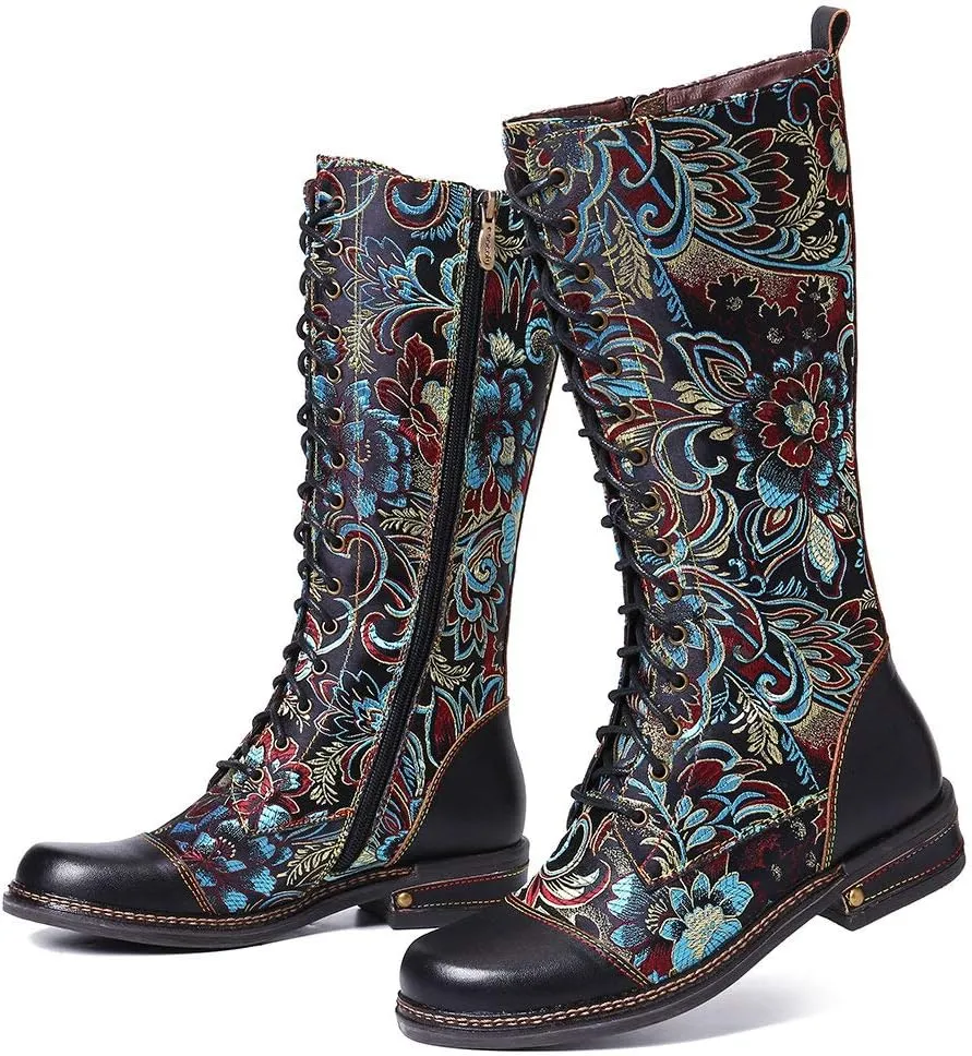 CrazycatZ Womens Leather Bohemian Knee High Boots Lace Up Patterned Long Boots
