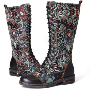 CrazycatZ Womens Leather Bohemian Knee High Boots Lace Up Patterned Long Boots