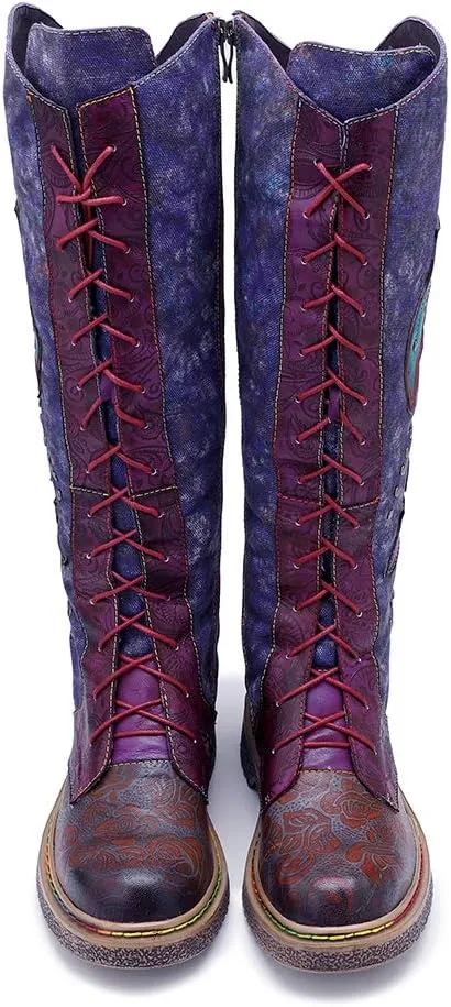 CrazycatZ Womens Leather Bohemian Knee High Boots Lace Up Patterned Long Boots