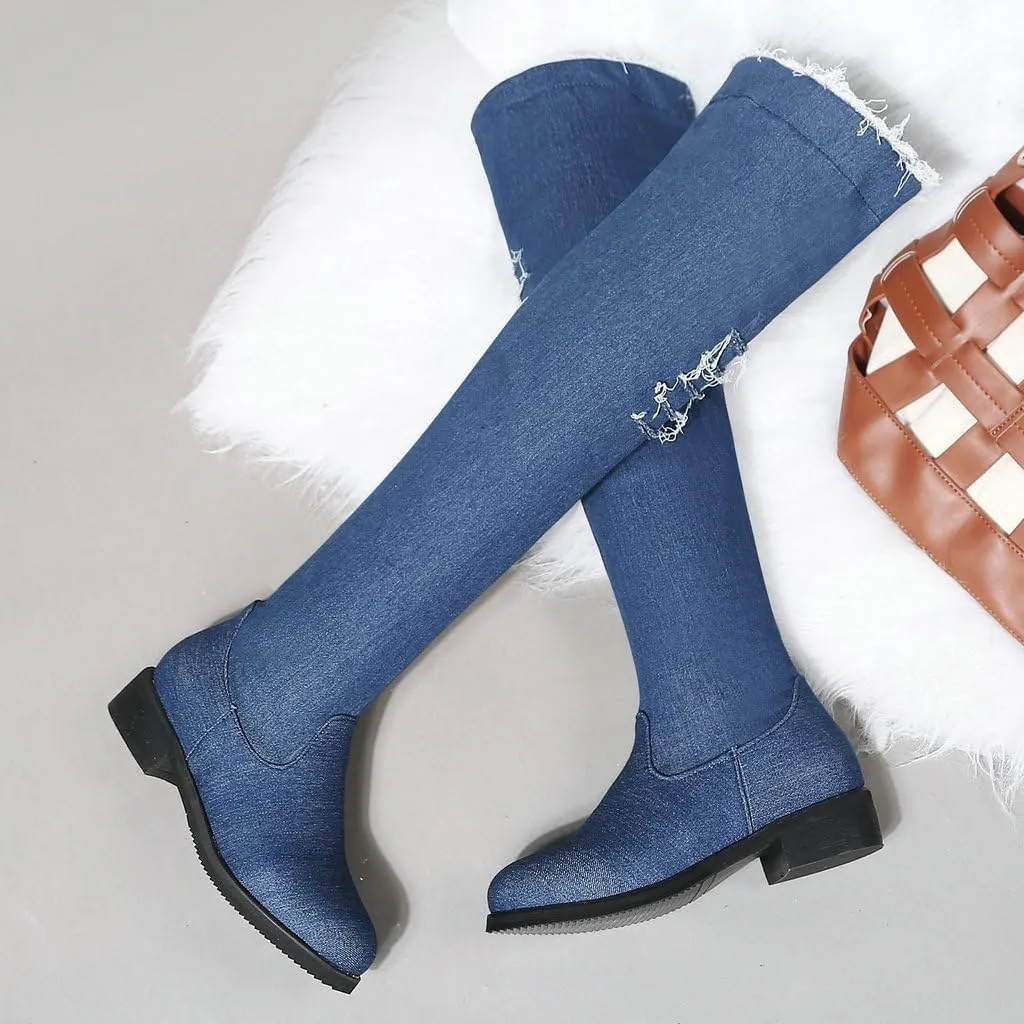 DINTAHA Denim Thigh High Boots Flat Thigh High Boots Low Heel Long Boots Chunky Heel Over The Knee Boots