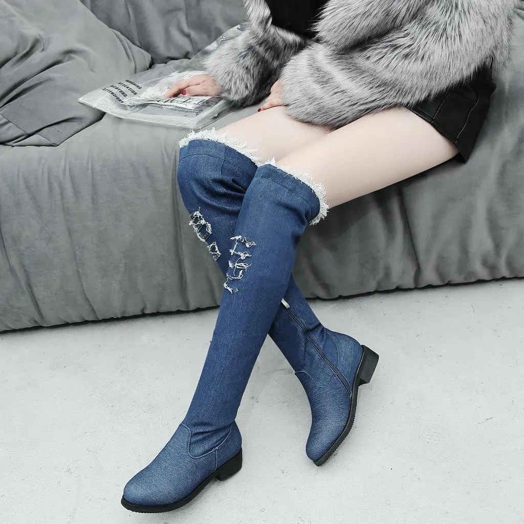 DINTAHA Denim Thigh High Boots Flat Thigh High Boots Low Heel Long Boots Chunky Heel Over The Knee Boots
