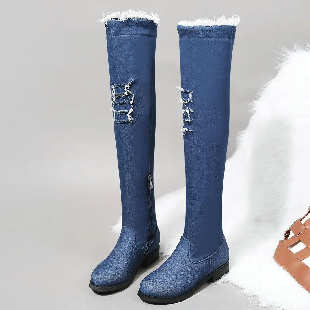 DINTAHA Denim Thigh High Boots Flat Thigh High Boots Low Heel Long Boots Chunky Heel Over The Knee Boots