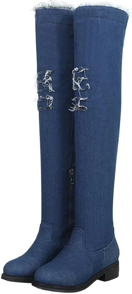 DINTAHA Denim Thigh High Boots Flat Thigh High Boots Low Heel Long Boots Chunky Heel Over The Knee Boots